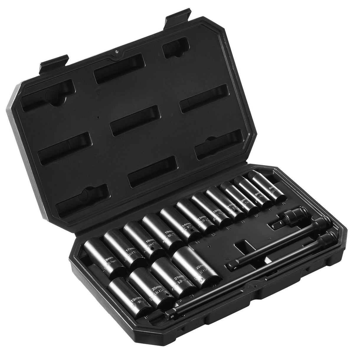Drive Impact Socket Set 3/8" - 18 Piece Deep Socket Set Metric 8-22mm - 6 Point CR-V Alloy Steel for Auto Repair - Easy-to-Read Size Markings - Rugged Construction Includes Storage Case