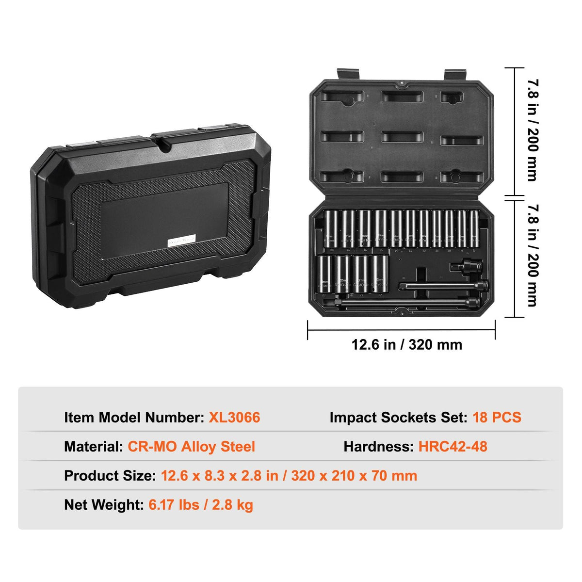 Drive Impact Socket Set 3/8" - 18 Piece Deep Socket Set Metric 8-22mm - 6 Point CR-V Alloy Steel for Auto Repair - Easy-to-Read Size Markings - Rugged Construction Includes Storage Case