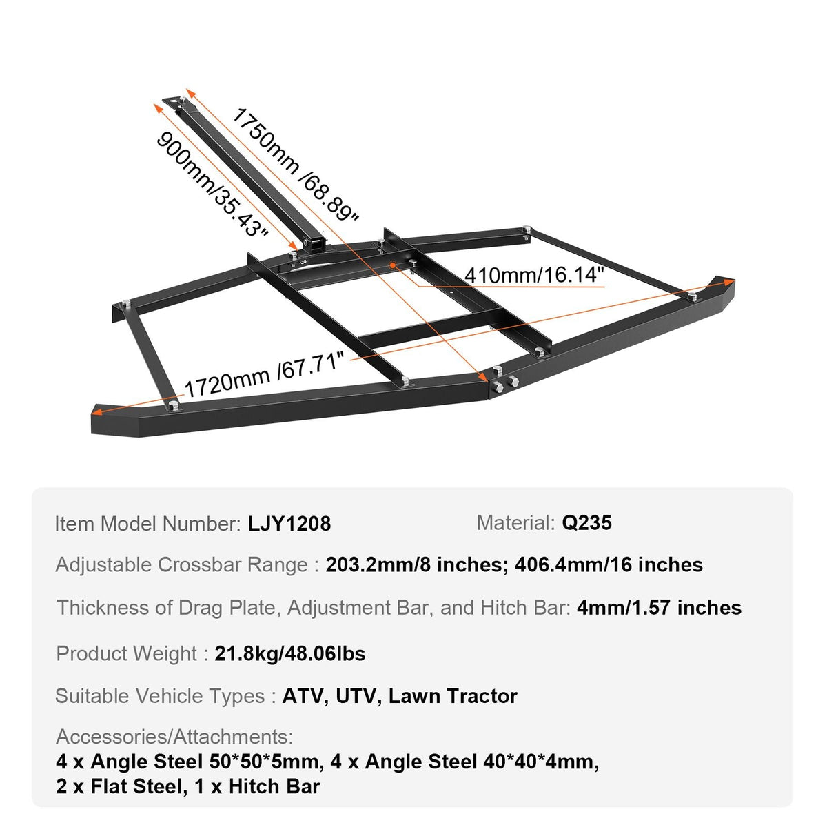 Driveway Drag, 67.7" Width Tow Behind Drag Harrow, Q235 Steel Driveway Grader with Adjustable Bars, Support up to 50 lbs, Driveway Tractor Harrow for ATVs, UTVs, Garden Lawn Tractors