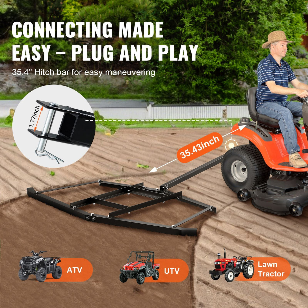 Driveway Drag, 67.7" Width Tow Behind Drag Harrow, Q235 Steel Driveway Grader with Adjustable Bars, Support up to 50 lbs, Driveway Tractor Harrow for ATVs, UTVs, Garden Lawn Tractors