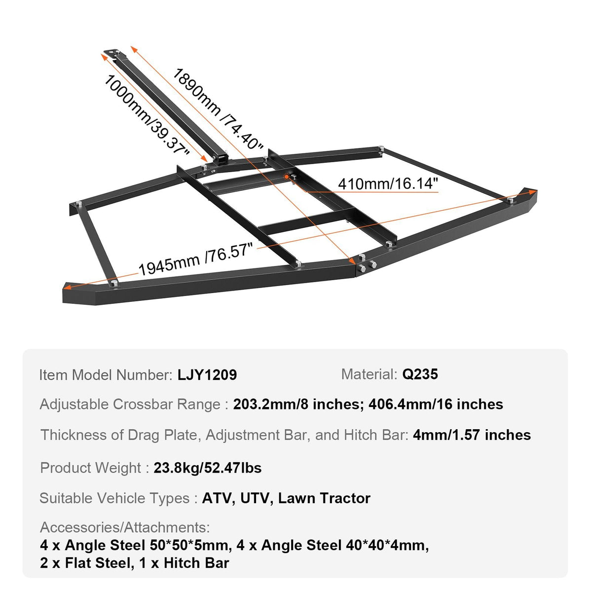 Driveway Drag, 76.57" Width Tow Behind Drag Harrow, Q235 Steel Driveway Grader with Adjustable Bars, Support up to 50 lbs, Driveway Tractor Harrow for ATVs, UTVs, Garden Lawn Tractors