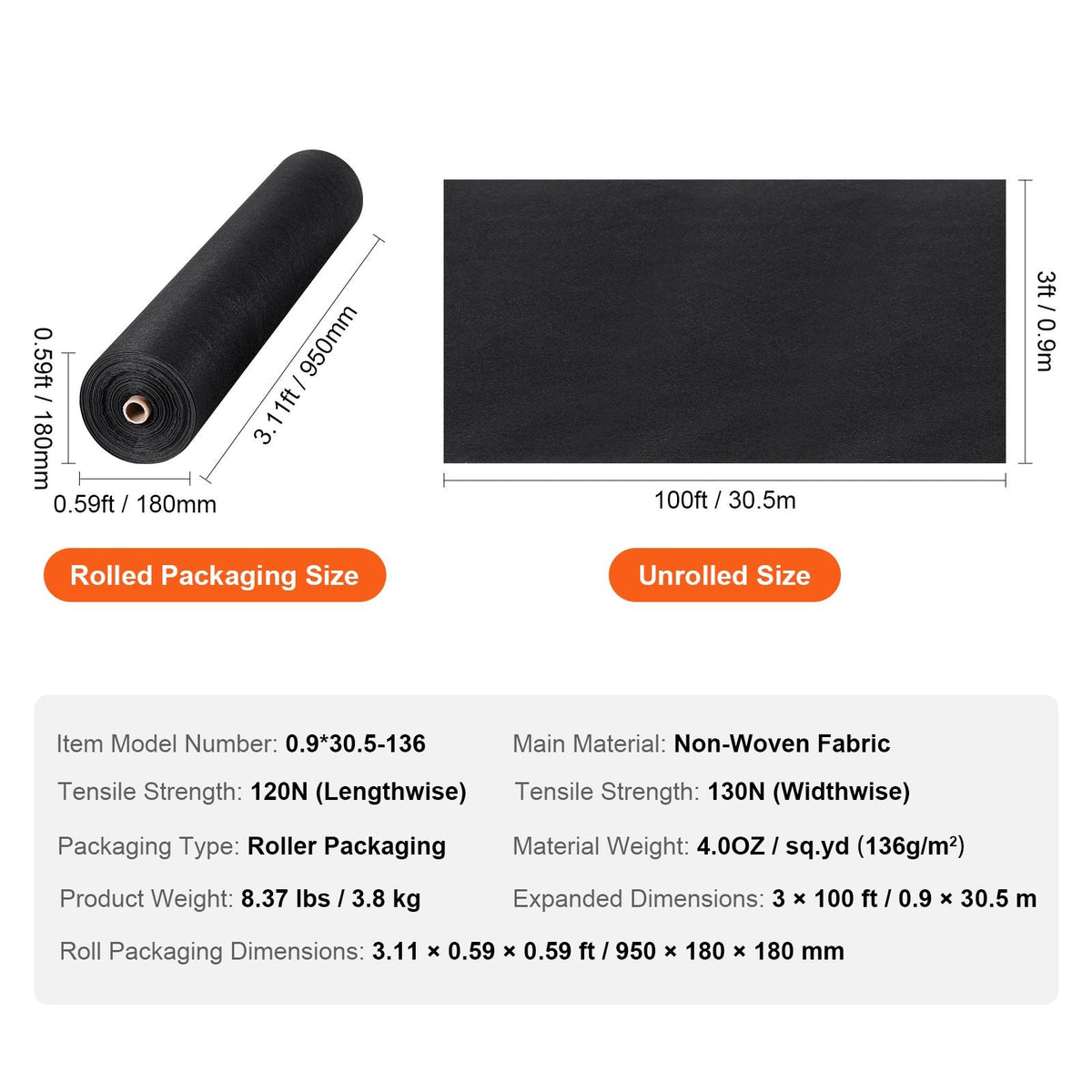 Driveway Fabric, 3x100FT Non Woven Geotextile Fabric for Landscaping, Heavy Duty Garden Weed Barrier Fabric, 4OZ Landscape Fabric, French Drains Drainage Fabric, Ground Cover Weed Control Fabric