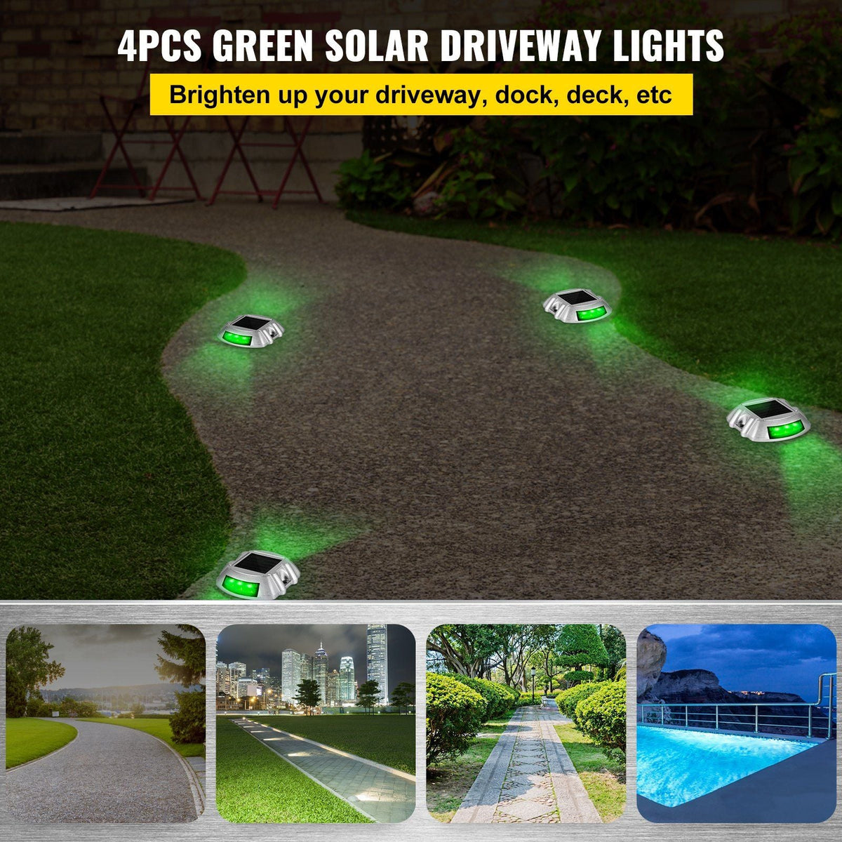 Driveway Lights, 4-Pack Solar Driveway Lights with Switch Button, Solar Deck Lights Waterproof, Wireless Dock Lights 6 LEDs for Path Warning Garden Walkway Sidewalk Steps, LED Bright Green