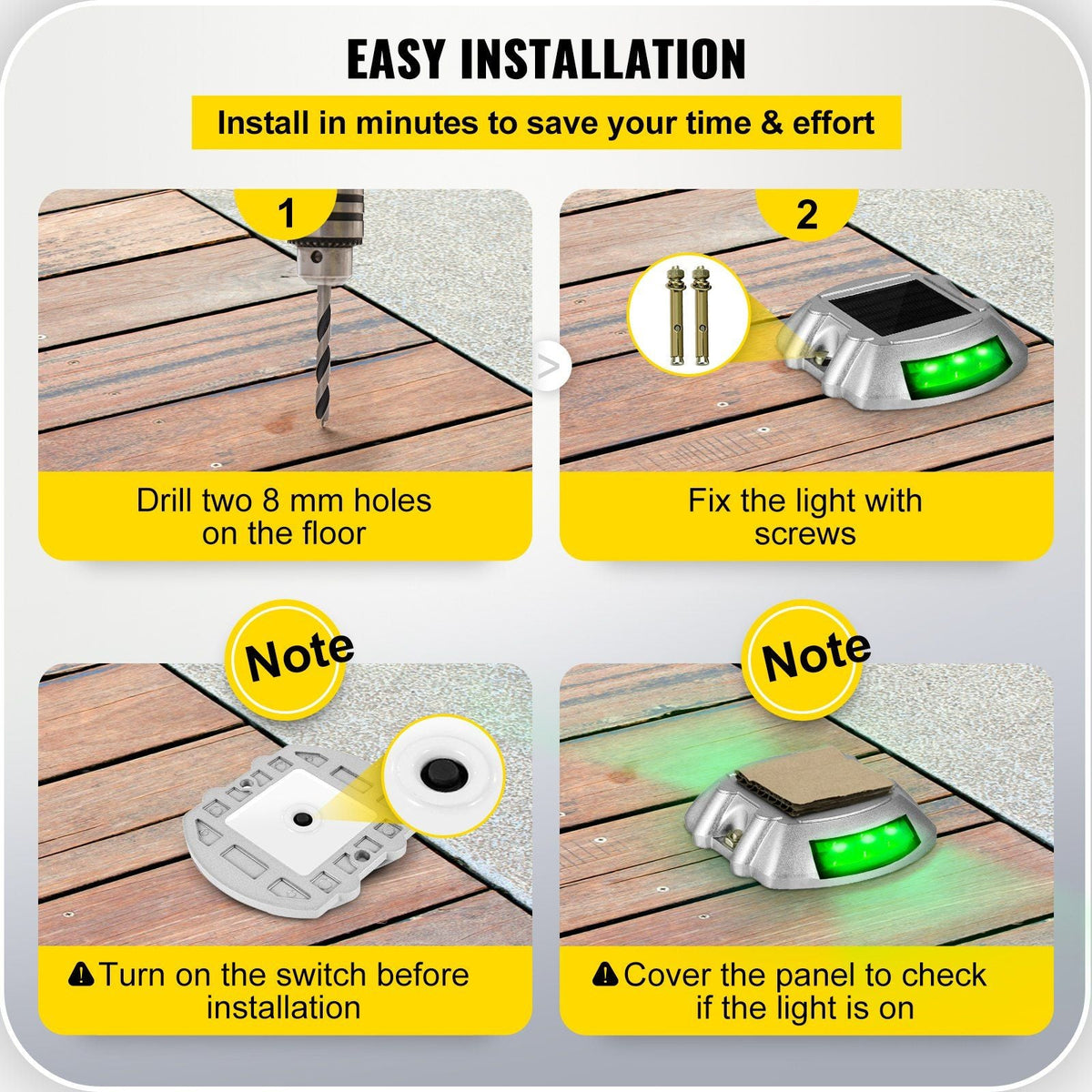 Driveway Lights, 4-Pack Solar Driveway Lights with Switch Button, Solar Deck Lights Waterproof, Wireless Dock Lights 6 LEDs for Path Warning Garden Walkway Sidewalk Steps, LED Bright Green
