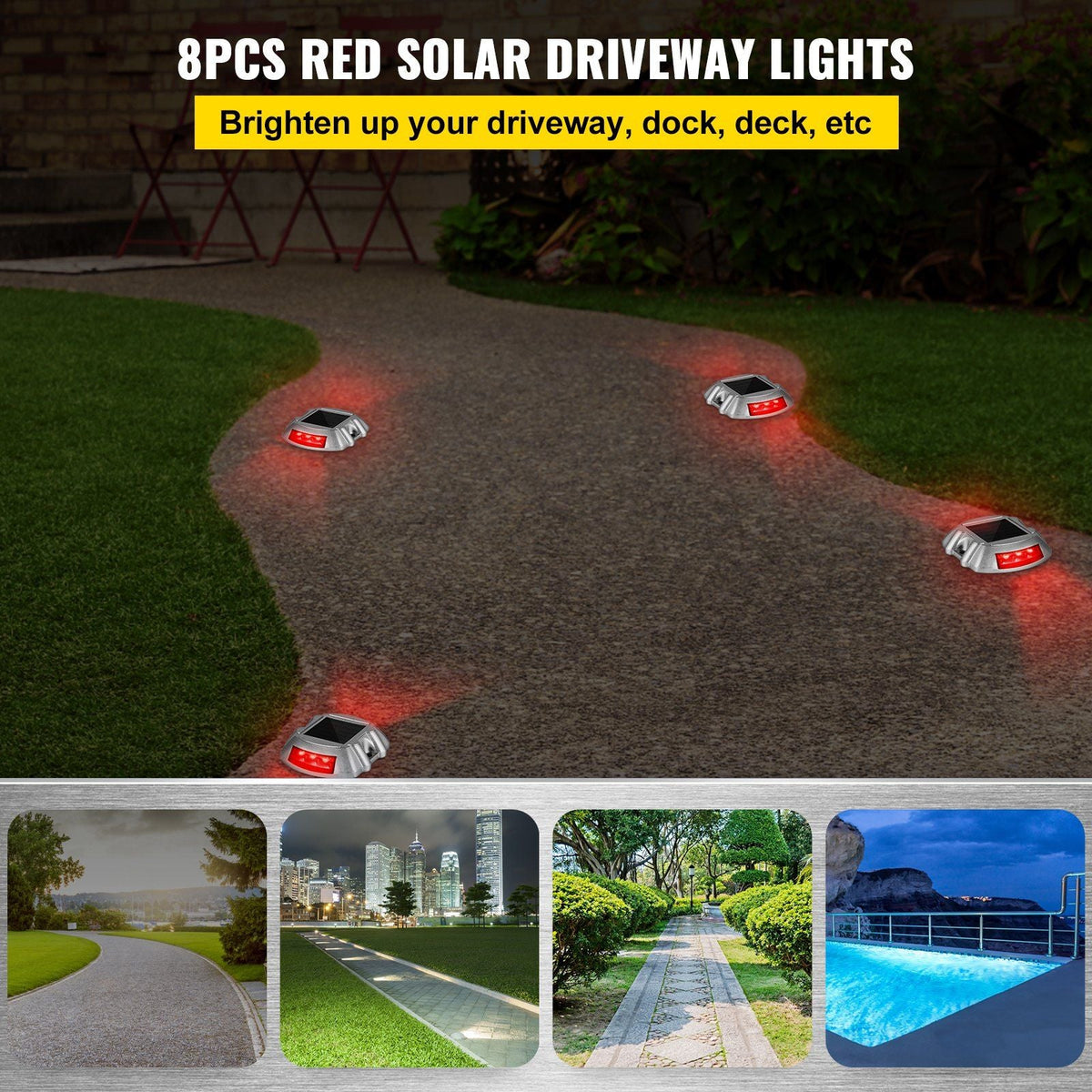 Driveway Lights, 8-Pack Solar Driveway Lights with Switch Button, Solar Deck Lights Waterproof, Wireless Dock Lights 6 LEDs for Path Warning Garden Walkway Sidewalk Steps, LED Bright Red
