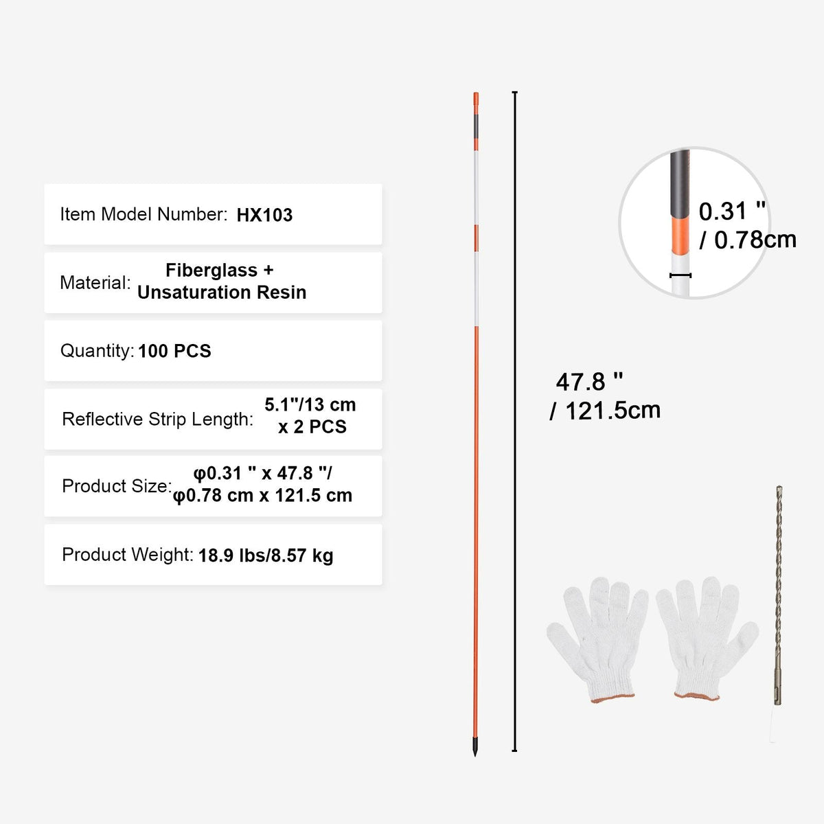 Driveway Markers, 100 PCS 48 inch, 0.31-in Diameter, Orange Fiberglass Poles Snow Stakes with Reflective Tape, 12" Steel Drill Bit & Protection Gloves for Parking Lots, Walkways Easy Visibility