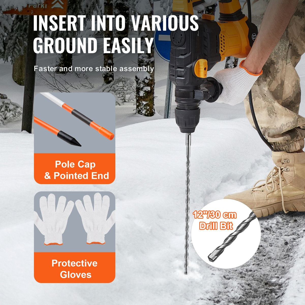 Driveway Markers, 100 PCS 48 inch, 0.31-in Diameter, Orange Fiberglass Poles Snow Stakes with Reflective Tape, 12" Steel Drill Bit & Protection Gloves for Parking Lots, Walkways Easy Visibility