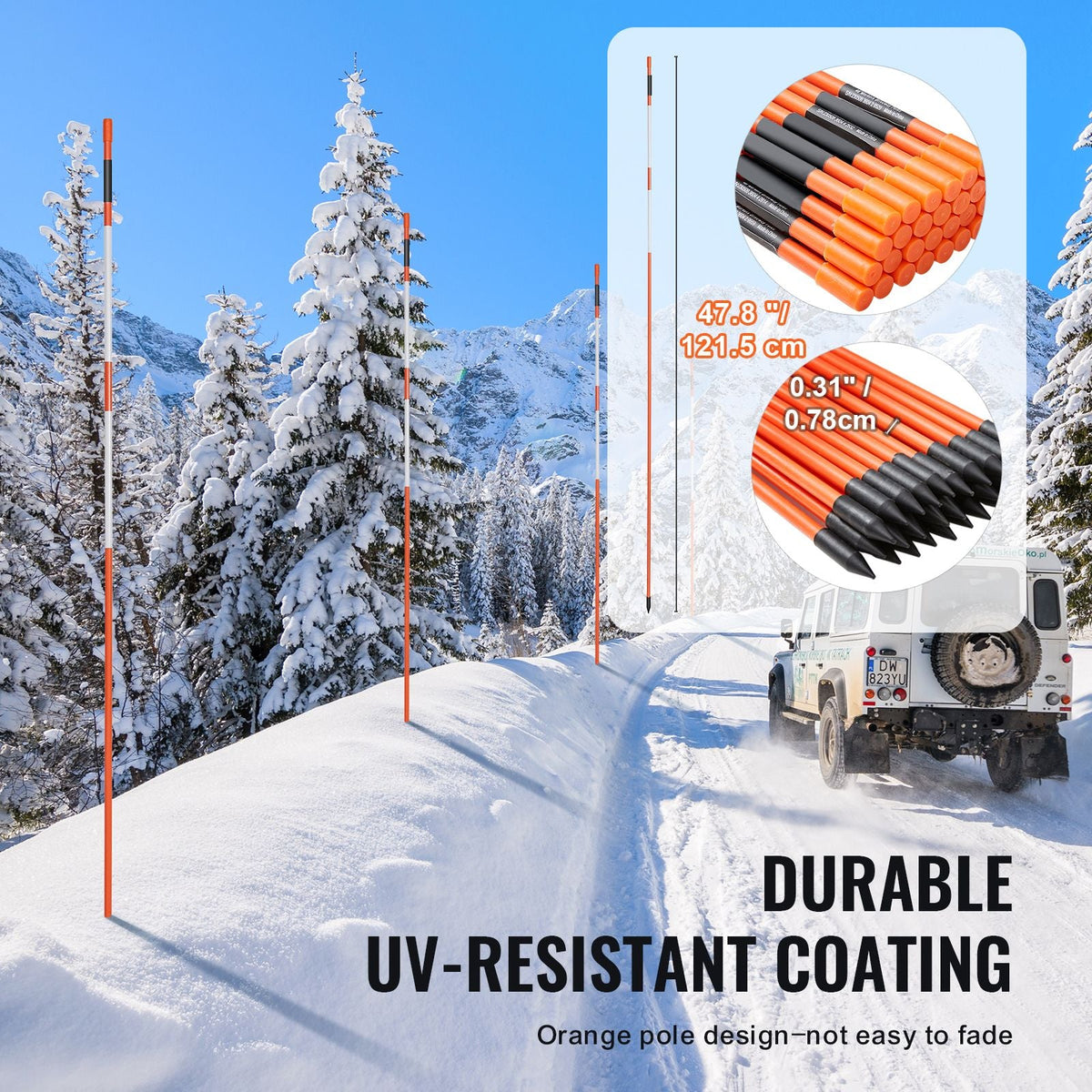 Driveway Markers, 100 PCS 48 inch, 0.31-in Diameter, Orange Fiberglass Poles Snow Stakes with Reflective Tape, 12" Steel Drill Bit & Protection Gloves for Parking Lots, Walkways Easy Visibility