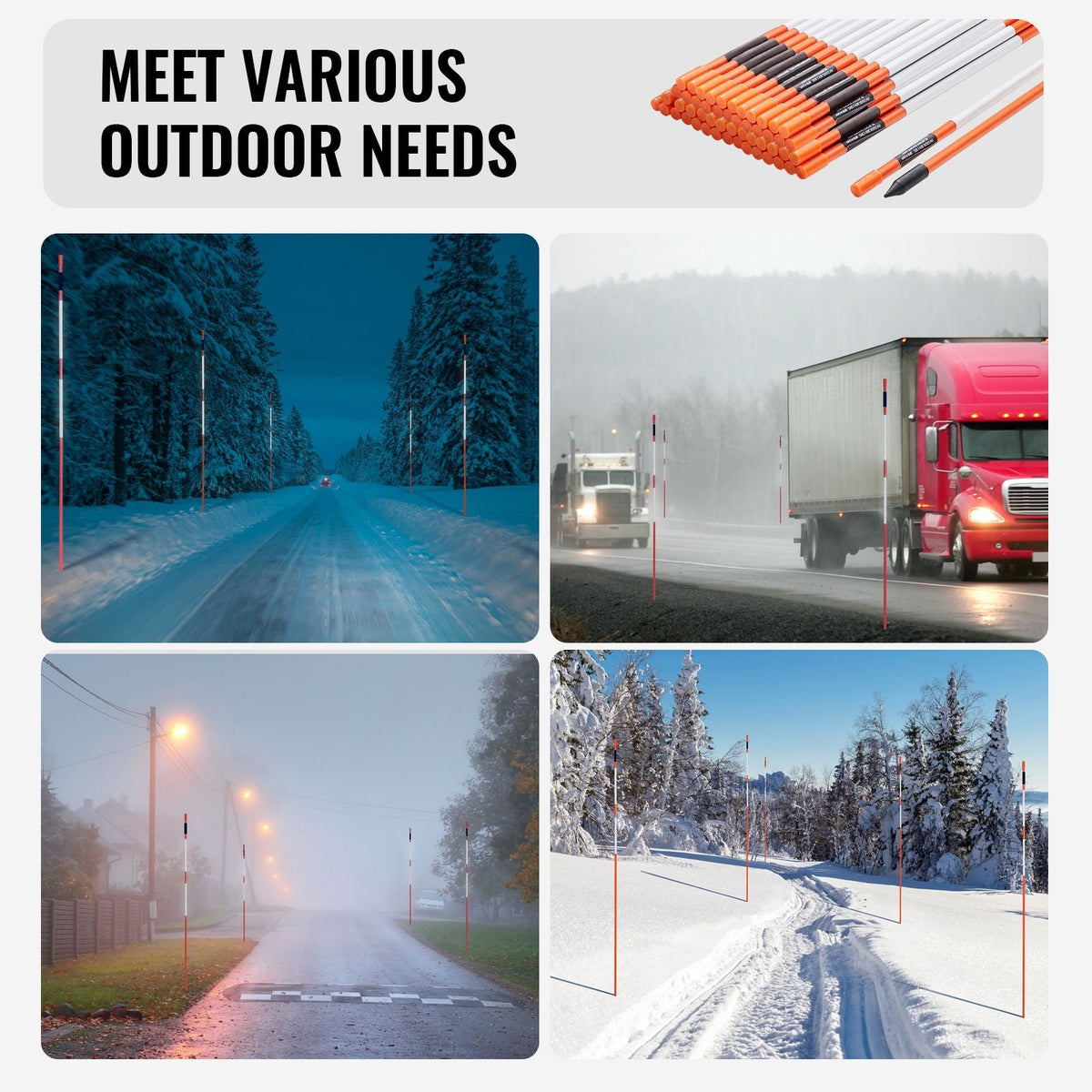Driveway Markers, 100 PCS 48 inch, 0.31-in Diameter, Orange Fiberglass Poles Snow Stakes with Reflective Tape, 12" Steel Drill Bit & Protection Gloves for Parking Lots, Walkways Easy Visibility