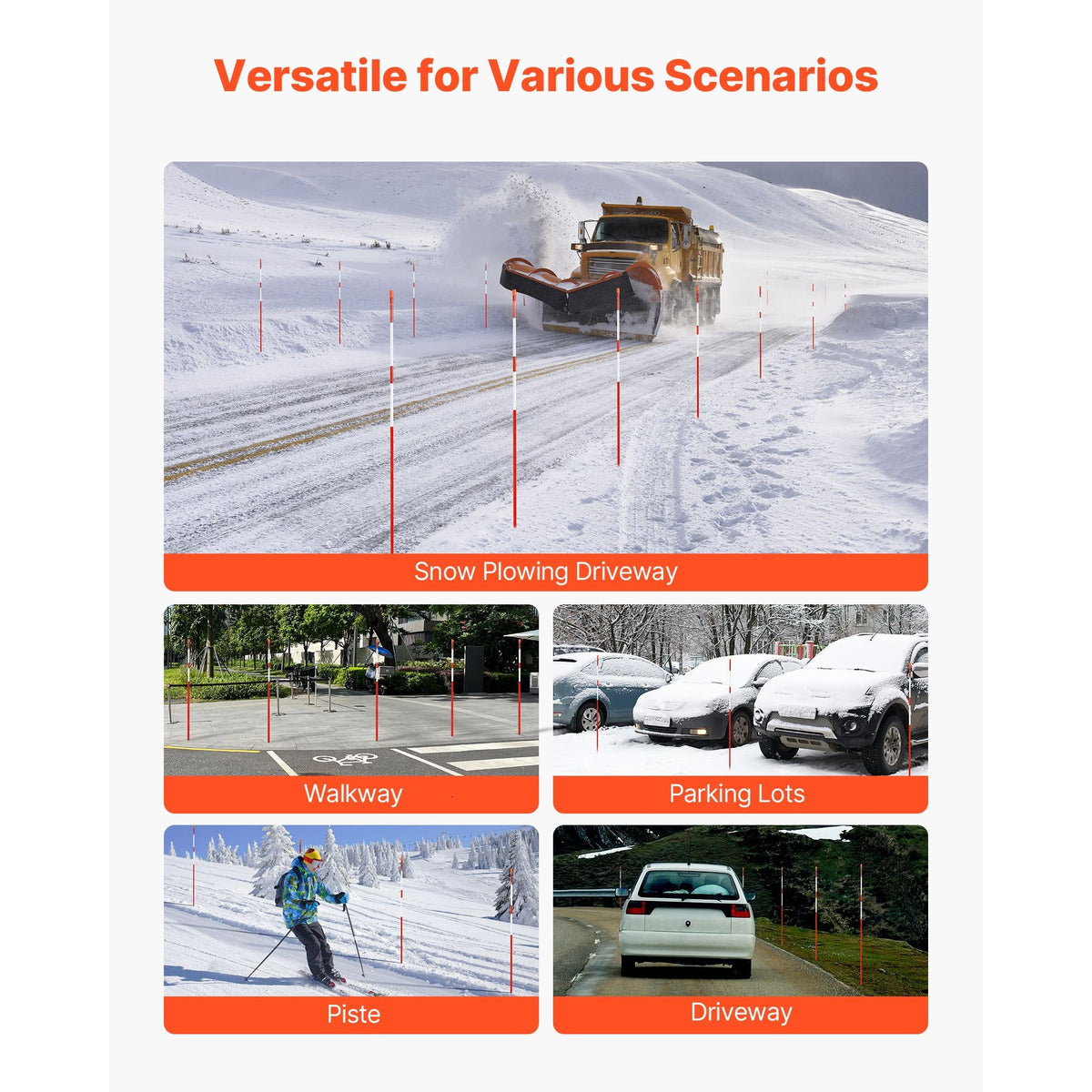 Driveway Markers, 100Pcs 72 in Long 5/16 in Dia, Hi-Visibility Driveway Reflectors with 12 in Steel Drill Bits, Reflective Snow Sticks Fiberglass Pole for Parking Lots, Walkways, Snow Plowing