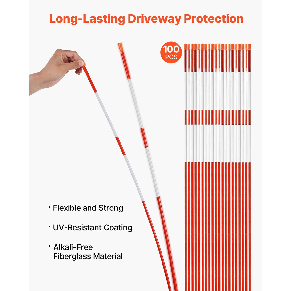 Driveway Markers, 100Pcs 72 in Long 5/16 in Dia, Hi-Visibility Driveway Reflectors with 12 in Steel Drill Bits, Reflective Snow Sticks Fiberglass Pole for Parking Lots, Walkways, Snow Plowing