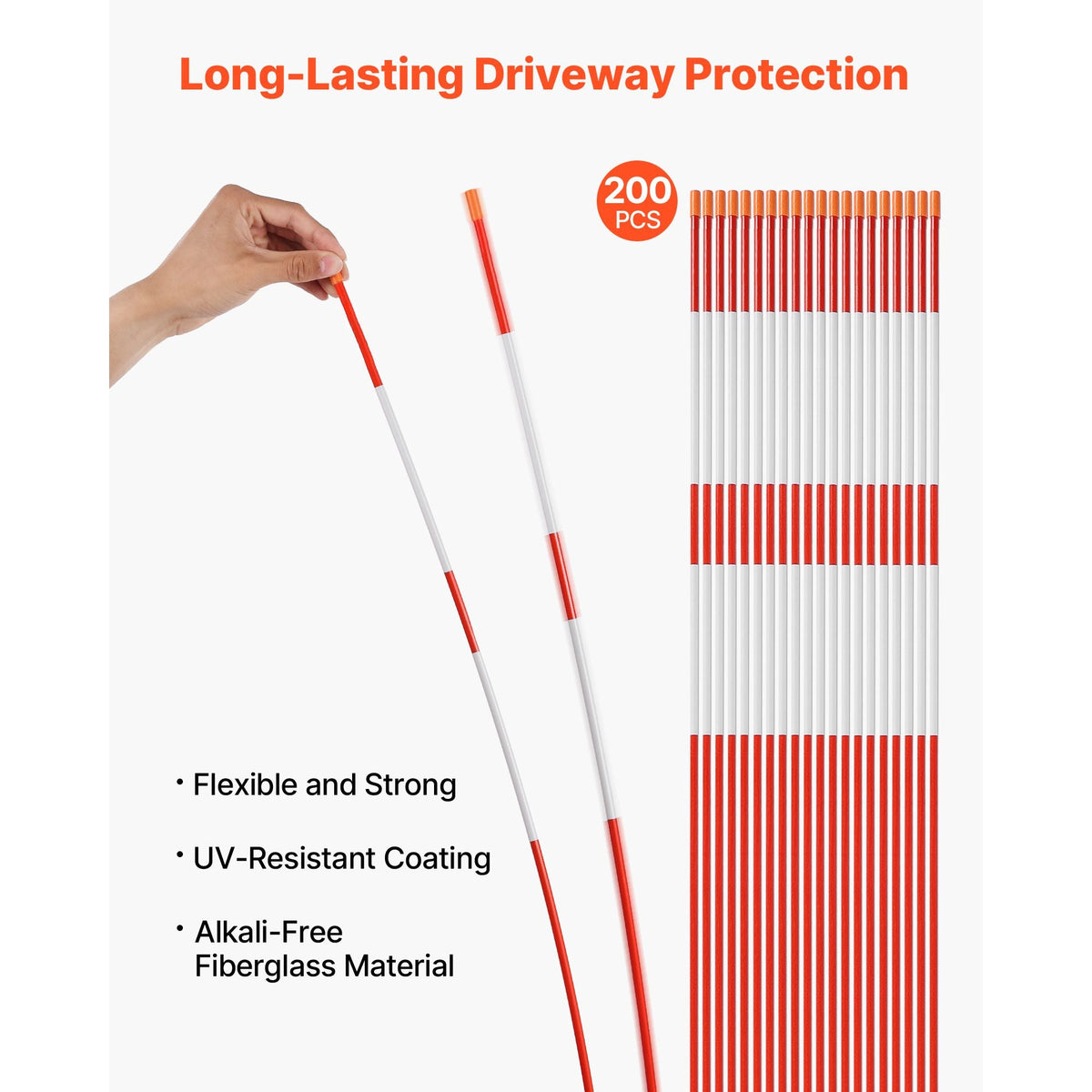Driveway Markers, 200Pcs 48 in Long 1/4 in Dia, Hi-Visibility Driveway Reflectors with 12 in Steel Drill Bits, Reflective Snow Sticks Fiberglass Pole for Parking Lots, Walkways, Snow Plowing