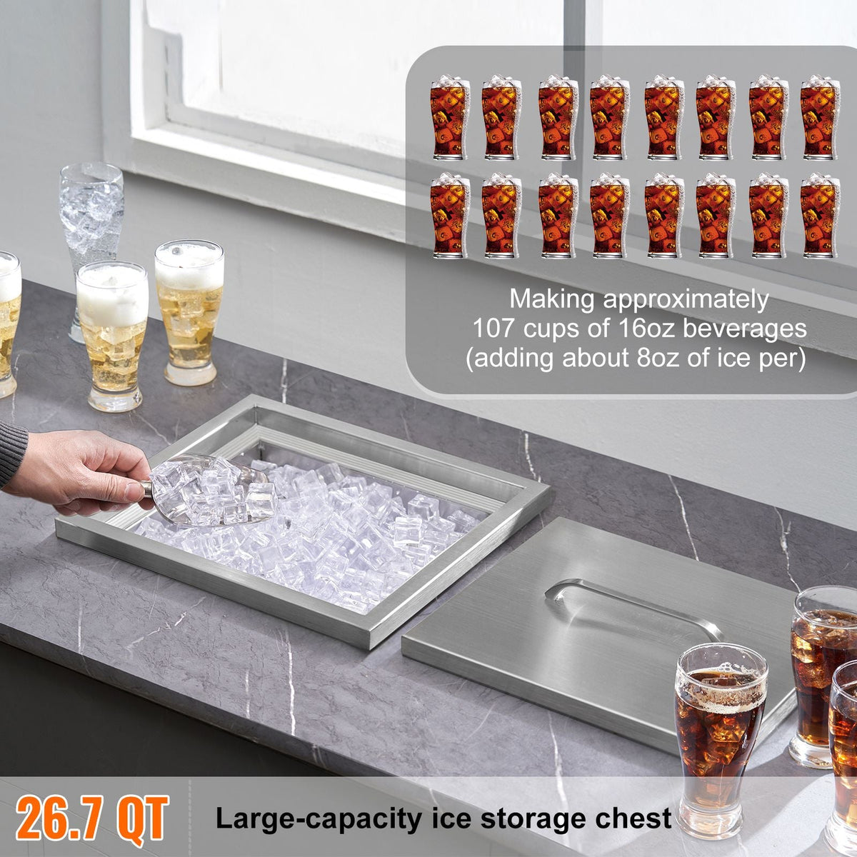 Drop in Ice Chest, 14"L x 12"W x 18"H Stainless Steel Ice Cooler, Commercial Ice Bin with Cover, 40 qt Outdoor Kitchen Ice Bar, Drain-pipe and Drain Plug Included, for Cold Wine Beer
