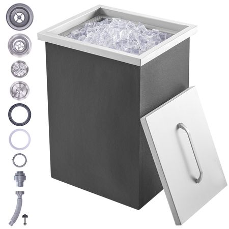 Drop in Ice Chest, 14"L x 12"W x 18"H Stainless Steel Ice Cooler, Commercial Ice Bin with Cover, 40 qt Outdoor Kitchen Ice Bar, Drain-pipe and Drain Plug Included, for Cold Wine Beer