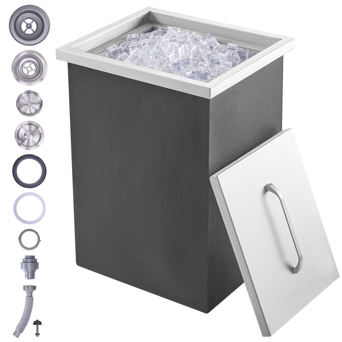 Drop in Ice Chest, 14"L x 12"W x 18"H Stainless Steel Ice Cooler, Commercial Ice Bin with Cover, 40 qt Outdoor Kitchen Ice Bar, Drain-pipe and Drain Plug Included, for Cold Wine Beer