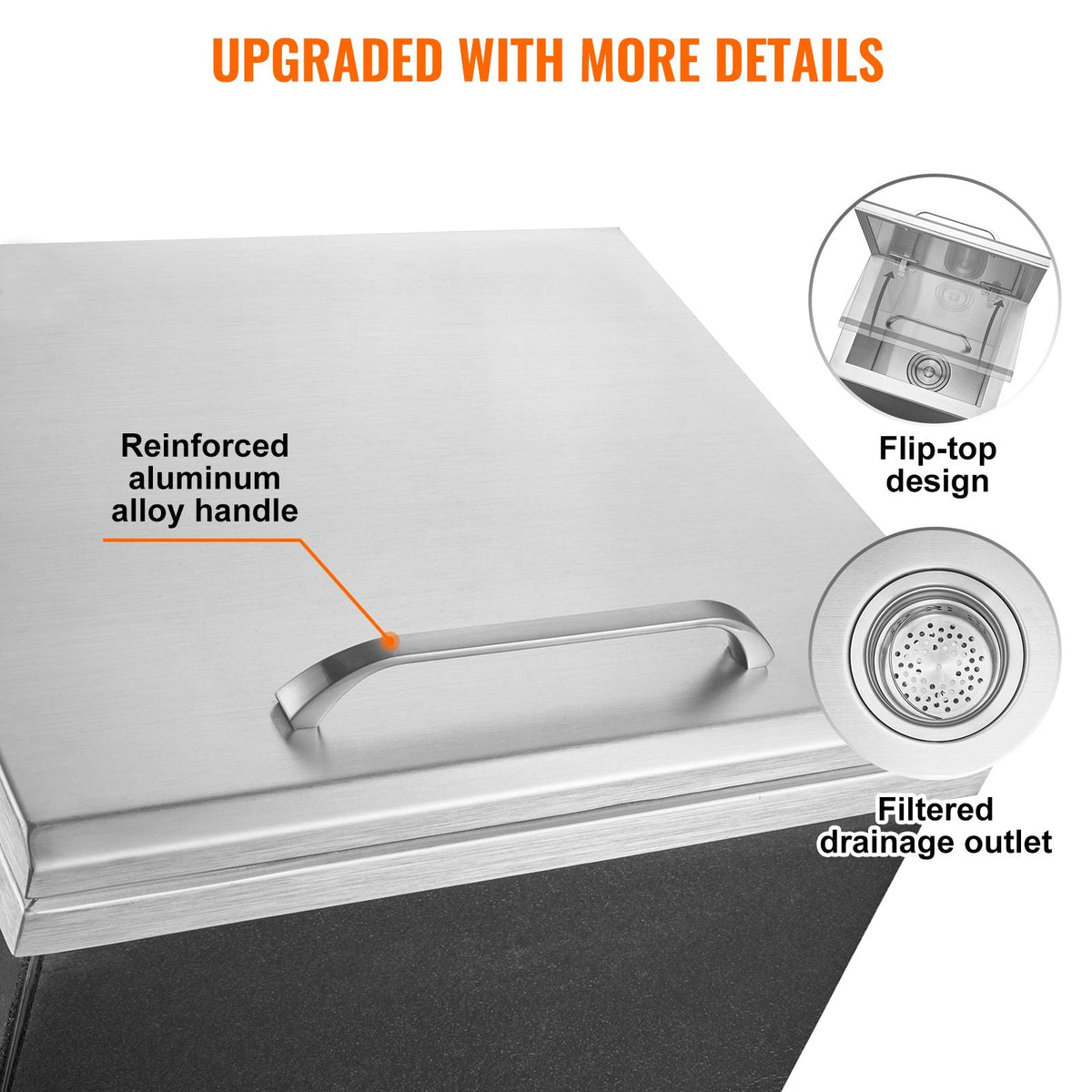 Drop in Ice Chest, 14"L x 12"W x 18"H Stainless Steel Ice Cooler, Commercial Ice Bin with Hinged Cover, 40 qt Outdoor Kitchen Ice Bar, Drain-pipe and Drain Plug Included, for Cold Wine Beer