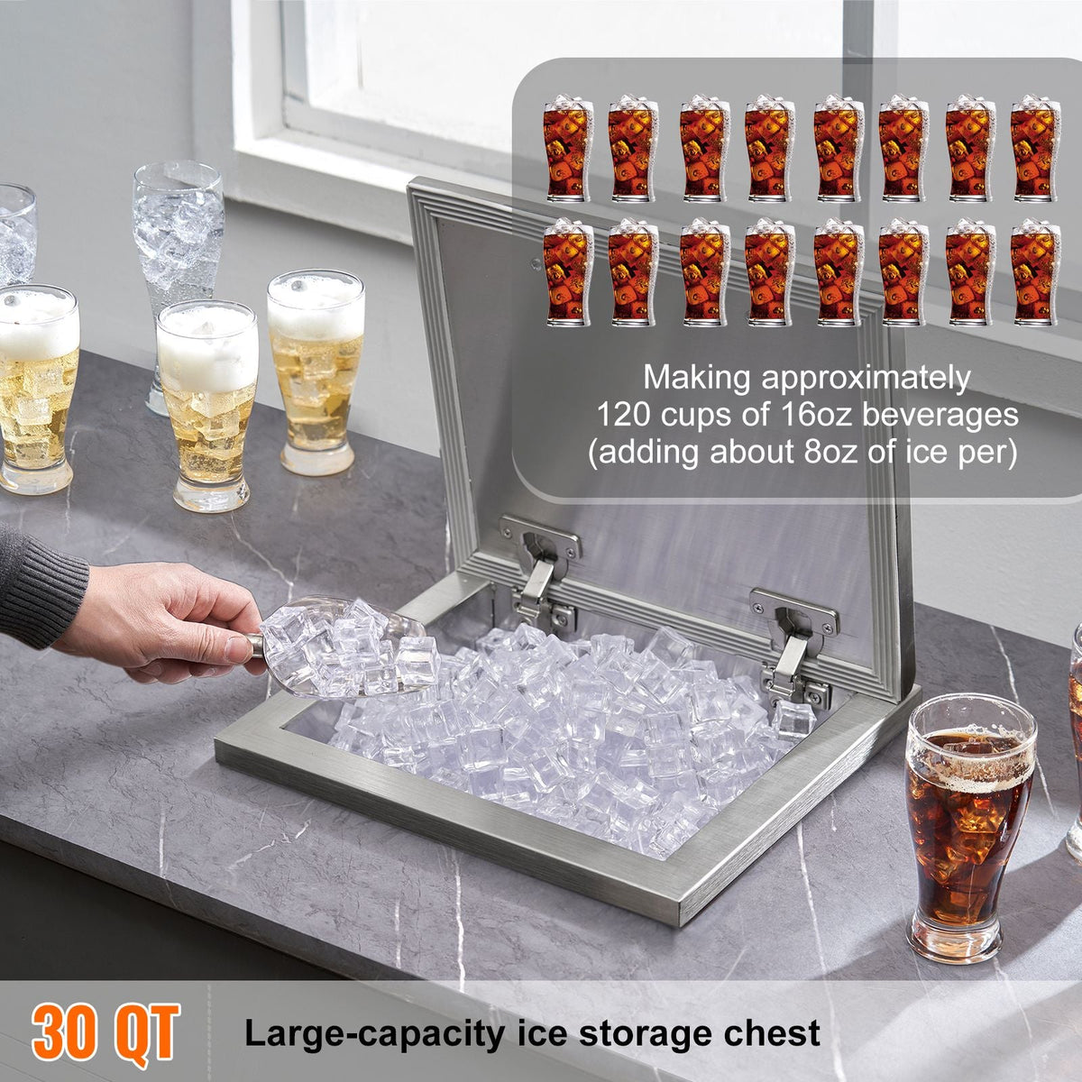 Drop in Ice Chest, 14"L x 12"W x 18"H Stainless Steel Ice Cooler, Commercial Ice Bin with Hinged Cover, 40 qt Outdoor Kitchen Ice Bar, Drain-pipe and Drain Plug Included, for Cold Wine Beer