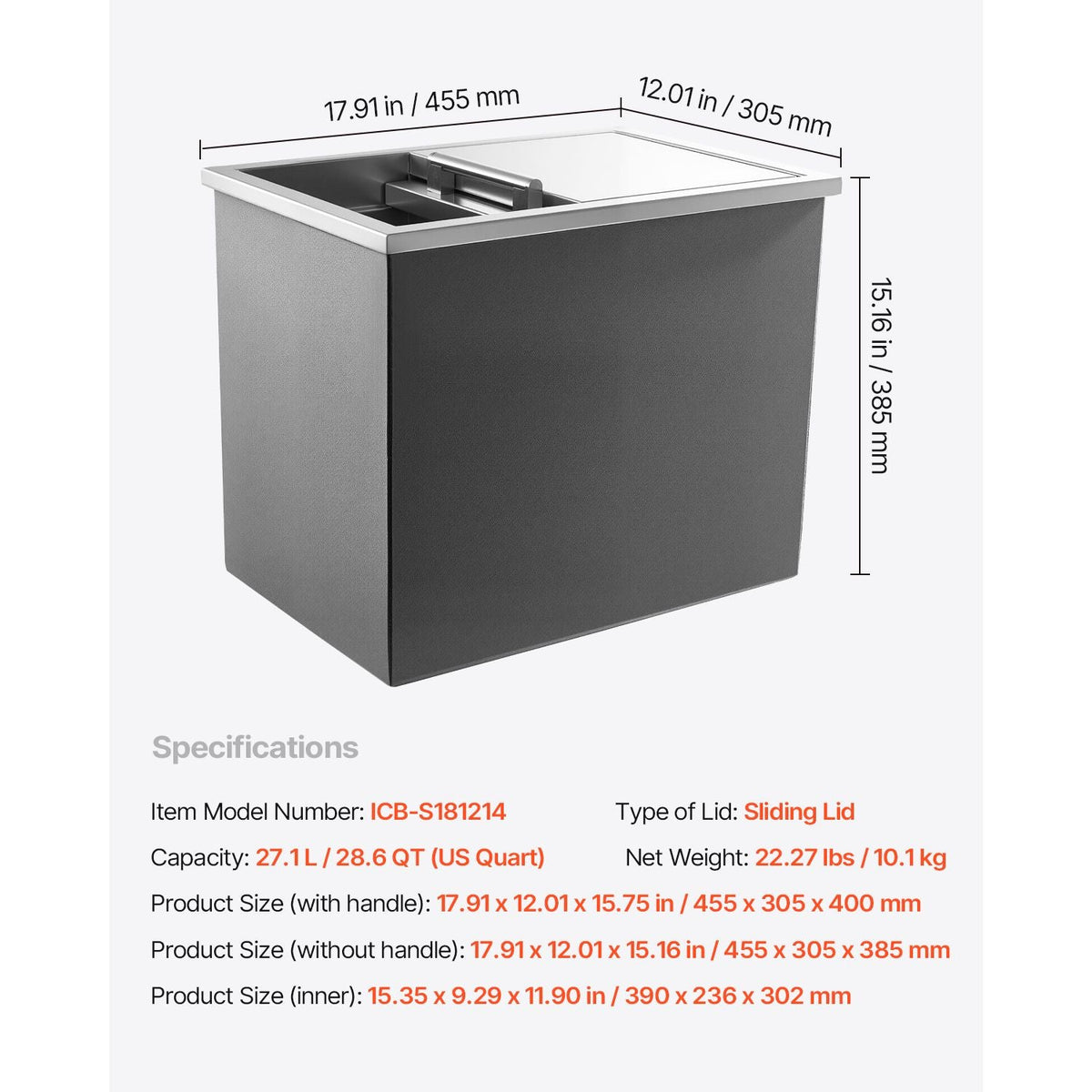 Drop in Ice Chest, 18"L x 12"W x 15"H Stainless Steel Drop in Cooler, 28.6 Quart Commercial Ice Bin with Sliding Lid for Outdoor Kitchen Patio Bar, Drain-pipe Set Included, for Cold Wine Beer