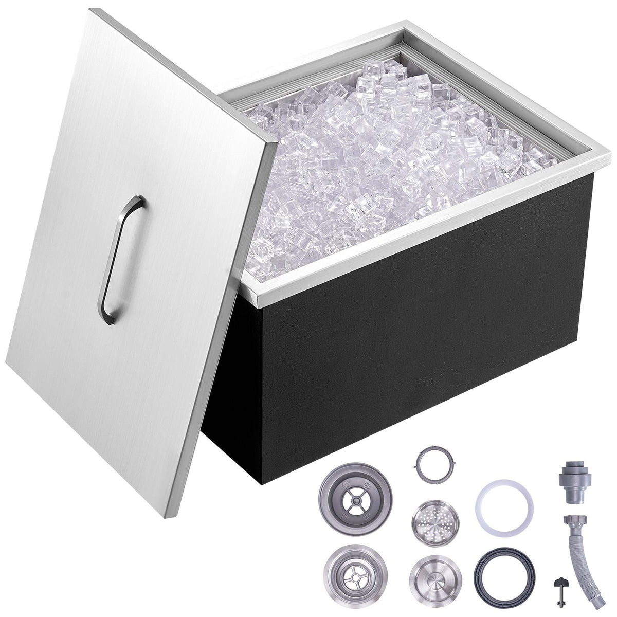 Drop in Ice Chest, 20"L x 14"W x 12"H Stainless Steel Ice Cooler, Commercial Ice Bin with Cover, 40 qt Outdoor Kitchen Ice Bar, Drain-pipe and Drain Plug Included, for Cold Wine Beer