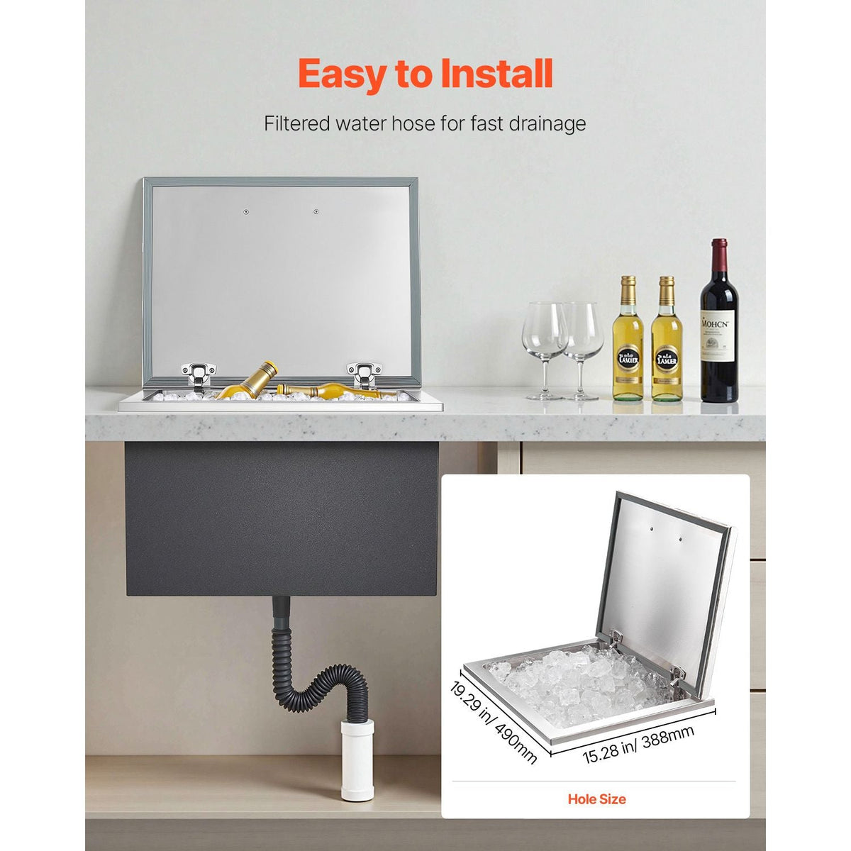 Drop in Ice Chest, 20"L x 16"W x 13"H Stainless Steel Drop in Cooler, 44.7 Quart Commercial Ice Bin with Flip Lid for Outdoor Kitchen Patio Bar, Drain-pipe Set Included, for Cold Wine Beer