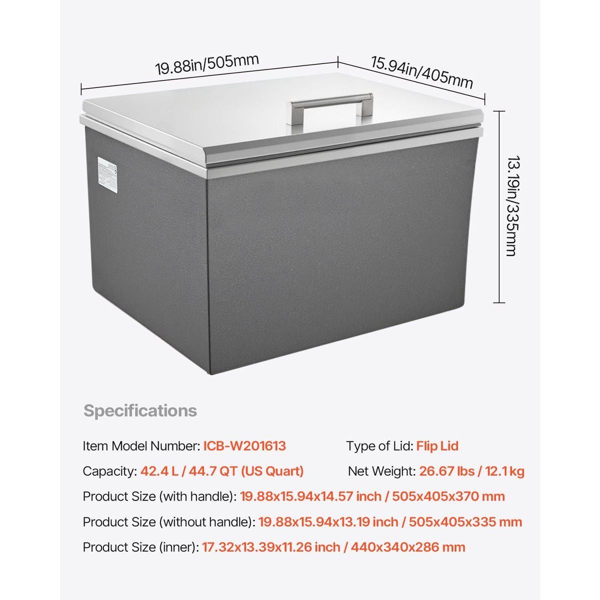 Drop in Ice Chest, 20"L x 16"W x 13"H Stainless Steel Drop in Cooler, 44.7 Quart Commercial Ice Bin with Flip Lid for Outdoor Kitchen Patio Bar, Drain-pipe Set Included, for Cold Wine Beer