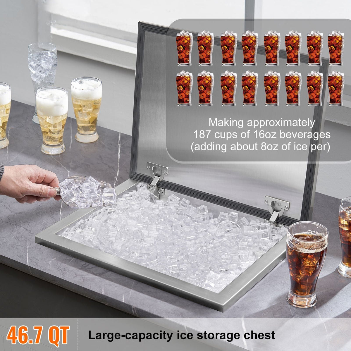 Drop in Ice Chest, 20"L x 16"W x 13"H Stainless Steel Ice Cooler, Commercial Ice Bin with Hinged Cover, 40 qt Outdoor Kitchen Ice Bar, Drain-pipe and Drain Plug Included, for Cold Wine Beer