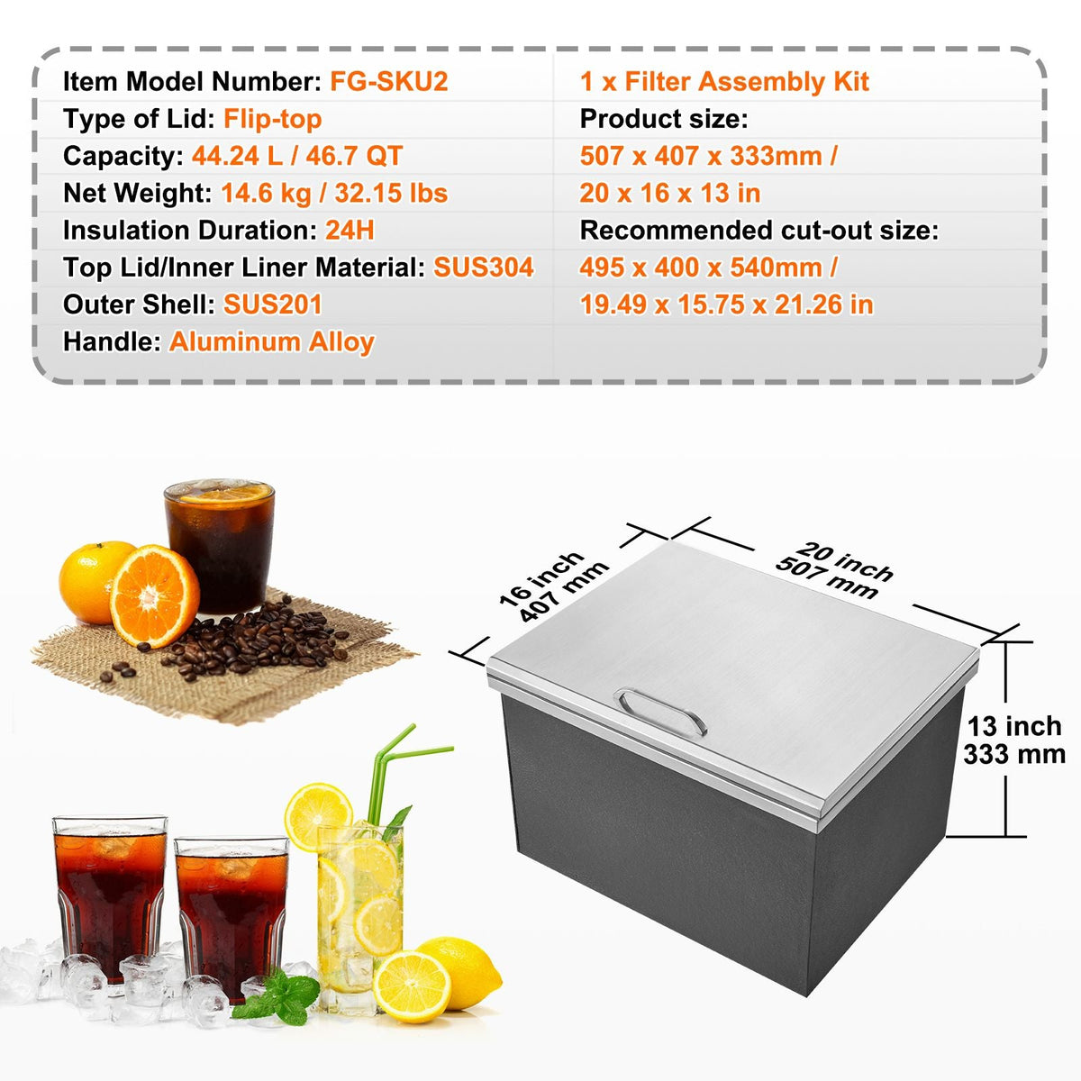 Drop in Ice Chest, 20"L x 16"W x 13"H Stainless Steel Ice Cooler, Commercial Ice Bin with Hinged Cover, 40 qt Outdoor Kitchen Ice Bar, Drain-pipe and Drain Plug Included, for Cold Wine Beer
