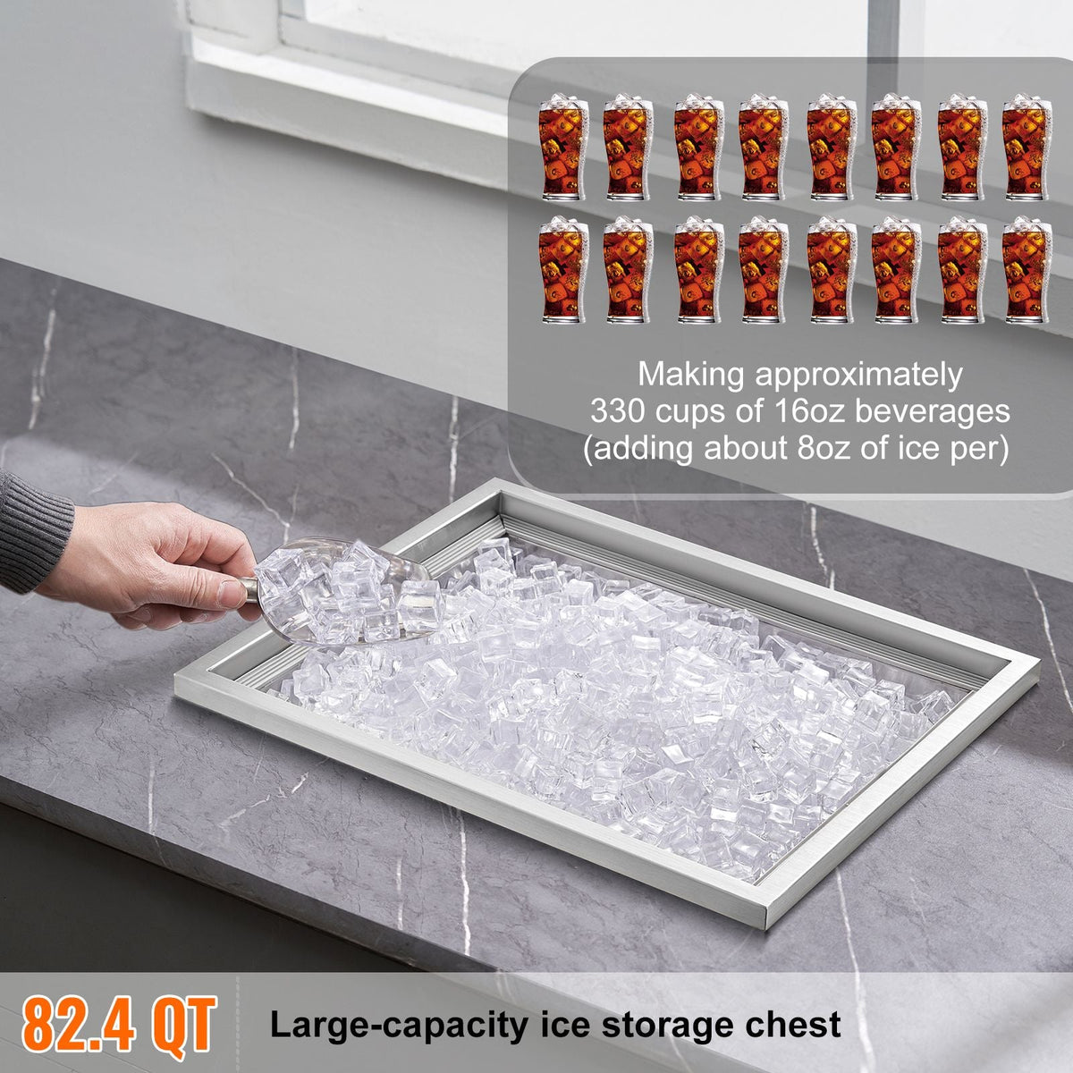 Drop in Ice Chest, 21"L x 17"W x 18"H Stainless Steel Ice Cooler, Commercial Ice Bin with Cover, 40 qt Outdoor Kitchen Ice Bar, Drain-pipe and Drain Plug Included, for Cold Wine Beer