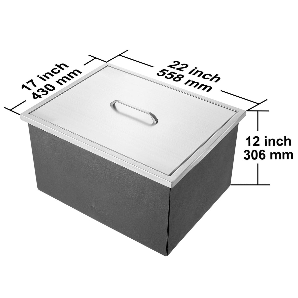 Drop in Ice Chest, 22"L x 17"W x 12"H Stainless Steel Ice Cooler, Commercial Ice Bin with Cover, 40 qt Outdoor Kitchen Ice Bar, Drain-pipe and Drain Plug Included, for Cold Wine Beer