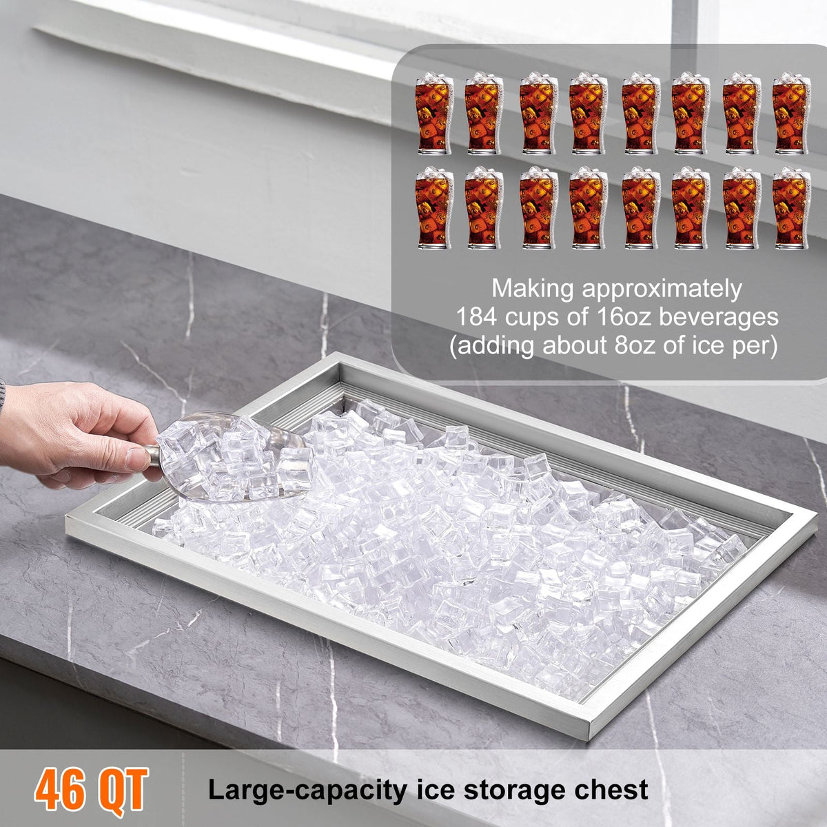 Drop in Ice Chest, 22"L x 17"W x 12"H Stainless Steel Ice Cooler, Commercial Ice Bin with Cover, 40 qt Outdoor Kitchen Ice Bar, Drain-pipe and Drain Plug Included, for Cold Wine Beer