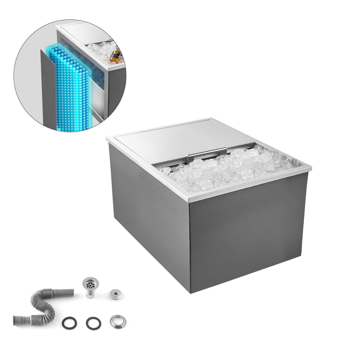 Drop in Ice Chest, 24"L x 18"W x 13"H Stainless Steel Drop in Cooler, 57.8 Quart Commercial Ice Bin with Sliding Lid for Outdoor Kitchen Patio Bar, Drain-pipe Set Included, for Cold Wine Beer