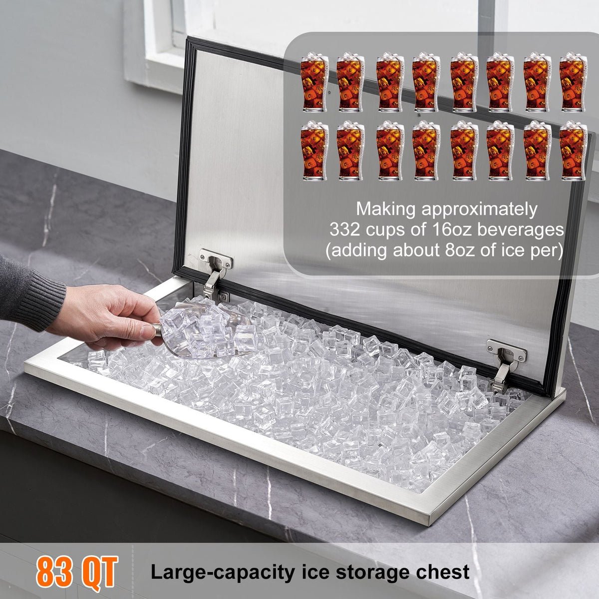 Drop in Ice Chest, 24"L x 20"W x 15"H Stainless Steel Ice Cooler, Commercial Ice Bin with Hinged Cover, 40 qt Outdoor Kitchen Ice Bar, Drain-pipe and Drain Plug Included, for Cold Wine Beer