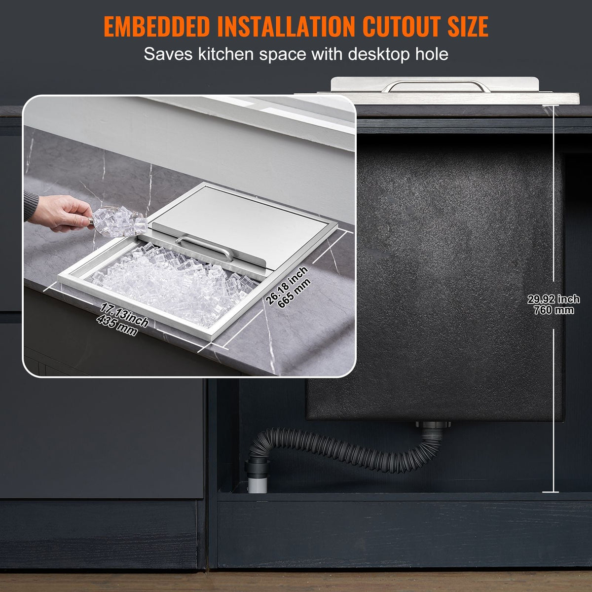 Drop in Ice Chest, 27"L x 18"W x 21"H Stainless Steel Ice Cooler, Commercial Ice Bin with Sliding Cover, 40.9 qt Outdoor Kitchen Ice Bar, Drain-pipe and Drain Plug Included, for Cold Wine Beer