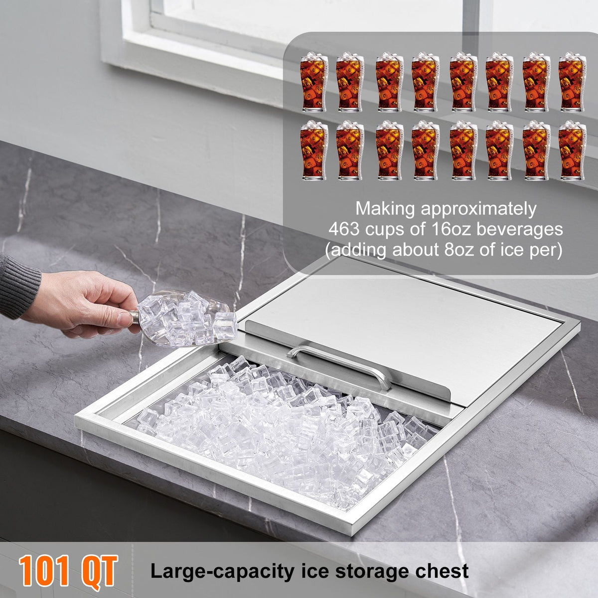 Drop in Ice Chest, 27"L x 18"W x 21"H Stainless Steel Ice Cooler, Commercial Ice Bin with Sliding Cover, 40.9 qt Outdoor Kitchen Ice Bar, Drain-pipe and Drain Plug Included, for Cold Wine Beer
