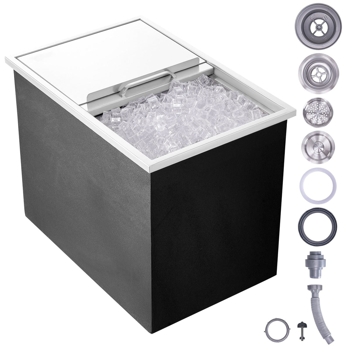 Drop in Ice Chest, 27"L x 18"W x 21"H Stainless Steel Ice Cooler, Commercial Ice Bin with Sliding Cover, 40.9 qt Outdoor Kitchen Ice Bar, Drain-pipe and Drain Plug Included, for Cold Wine Beer