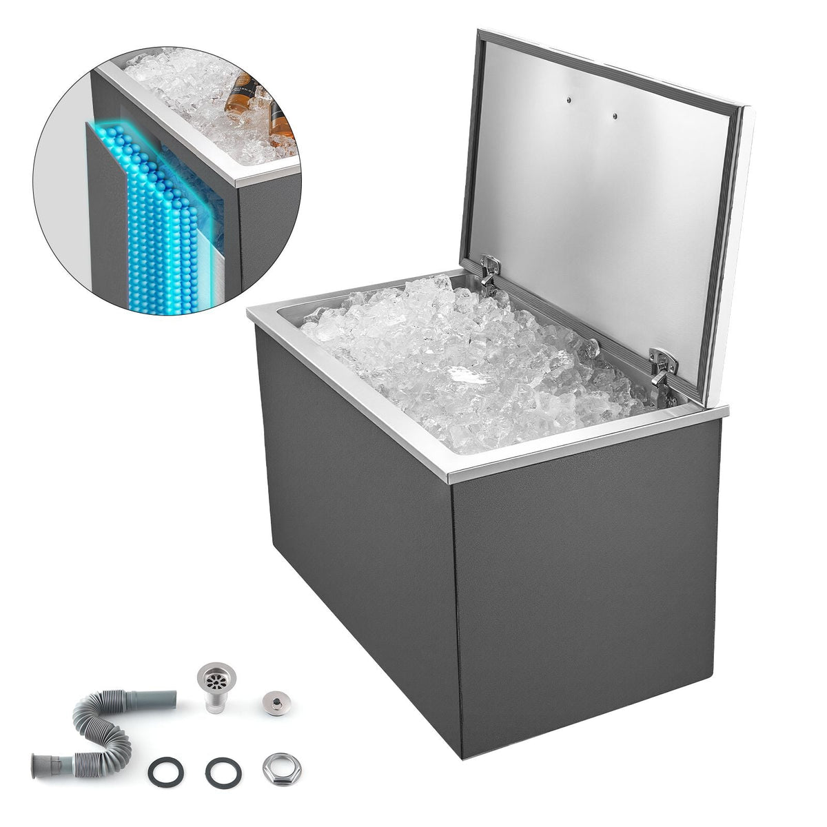 Drop in Ice Chest, 28"L x 16"W x 17"H Stainless Steel Drop in Cooler, 87.6 Quart Commercial Ice Bin with Flip Lid for Outdoor Kitchen Patio Bar, Drain-pipe Set Included, for Cold Wine Beer