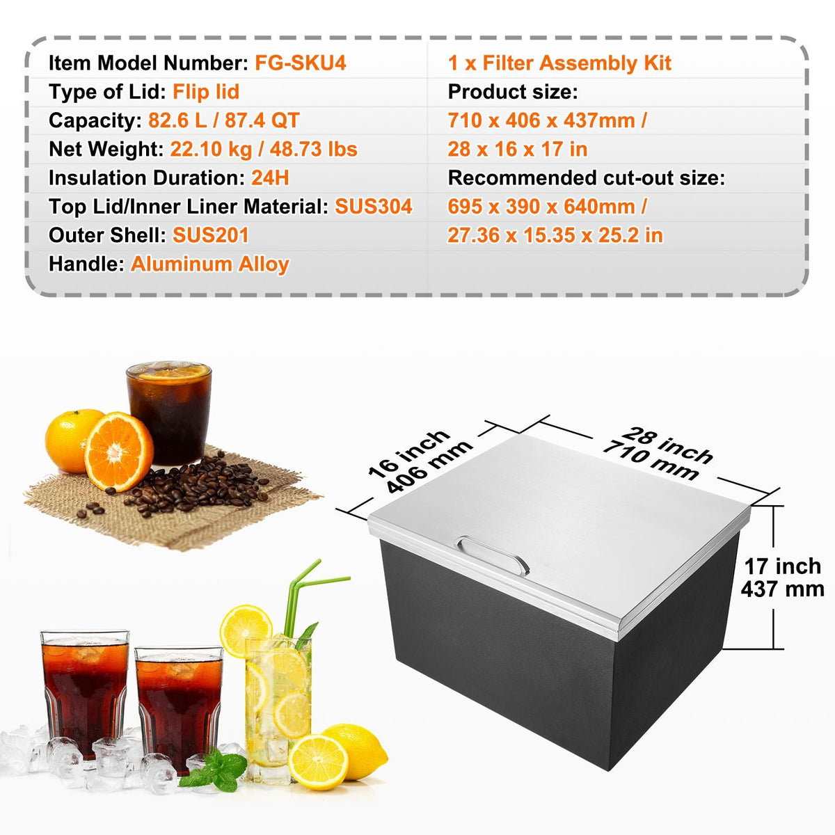 Drop in Ice Chest, 28"L x 16"W x 17"H Stainless Steel Ice Cooler, Commercial Ice Bin with Hinged Cover, 40 qt Outdoor Kitchen Ice Bar, Drain-pipe and Drain Plug Included, for Cold Wine Beer