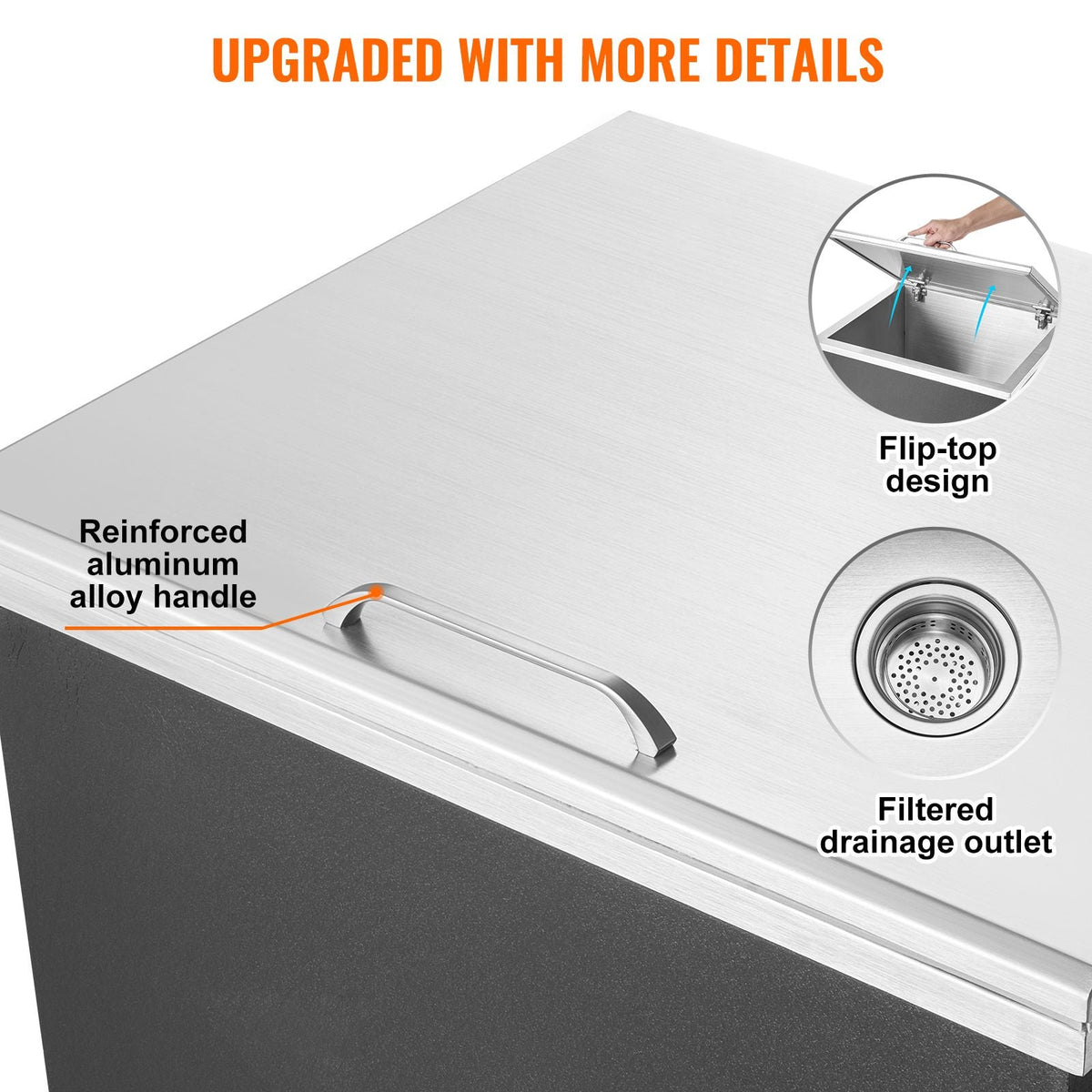 Drop in Ice Chest, 28"L x 16"W x 17"H Stainless Steel Ice Cooler, Commercial Ice Bin with Hinged Cover, 40 qt Outdoor Kitchen Ice Bar, Drain-pipe and Drain Plug Included, for Cold Wine Beer