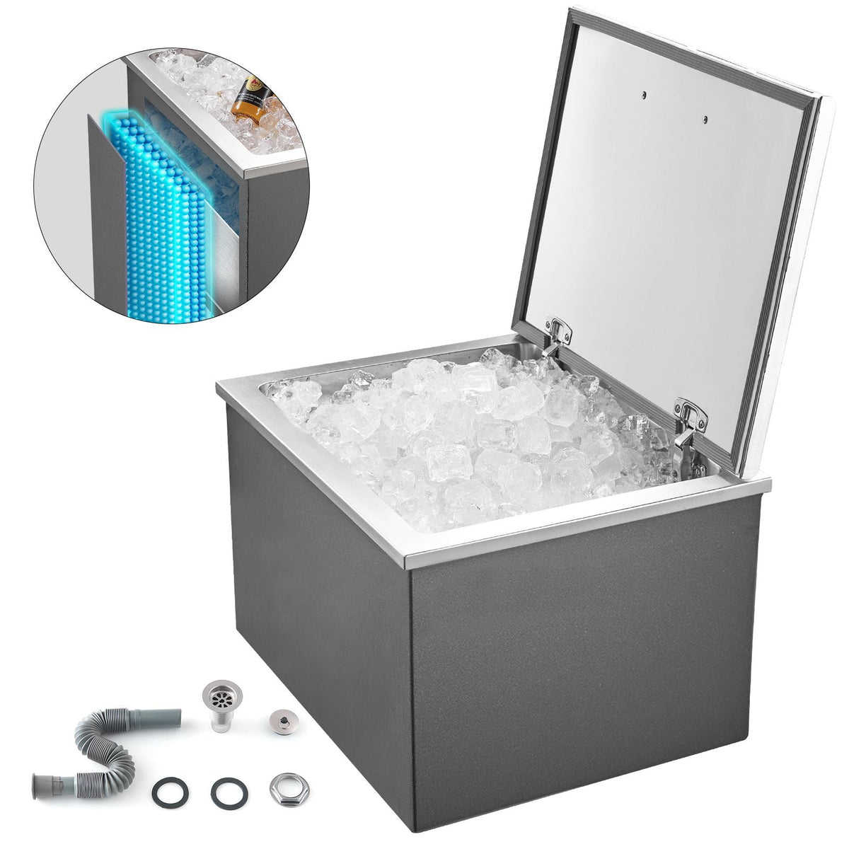 Drop in Ice Chest, 28"L x 20"W x 17"H Stainless Steel Drop in Cooler, 113.7 Quart Commercial Ice Bin with Flip Lid for Outdoor Kitchen Patio Bar, Drain-pipe Set Included, for Cold Wine Beer