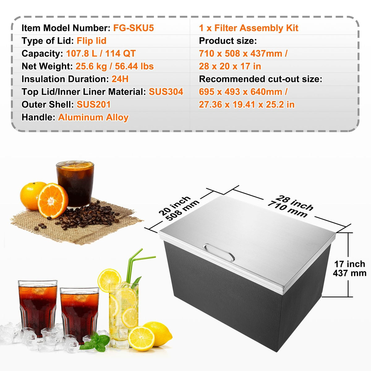 Drop in Ice Chest, 28"L x 20"W x 17"H Stainless Steel Ice Cooler, Commercial Ice Bin with Hinged Cover, 40 qt Outdoor Kitchen Ice Bar, Drain-pipe and Drain Plug Included, for Cold Wine Beer