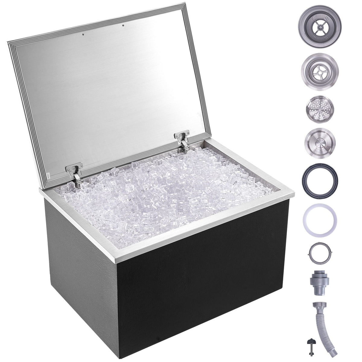 Drop in Ice Chest, 28"L x 20"W x 17"H Stainless Steel Ice Cooler, Commercial Ice Bin with Hinged Cover, 40 qt Outdoor Kitchen Ice Bar, Drain-pipe and Drain Plug Included, for Cold Wine Beer