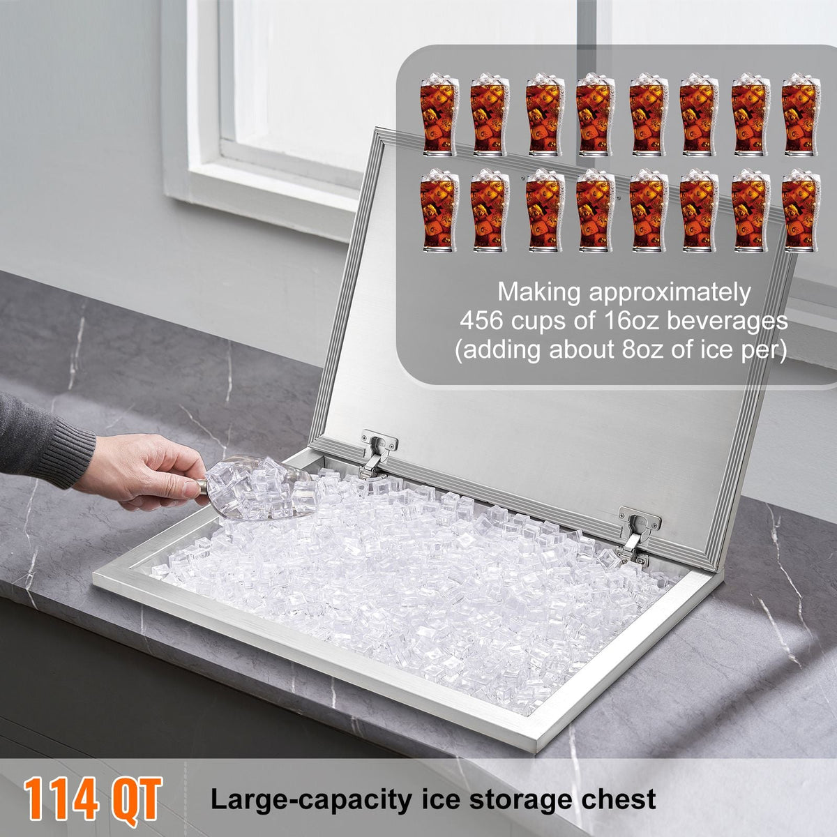 Drop in Ice Chest, 28"L x 20"W x 17"H Stainless Steel Ice Cooler, Commercial Ice Bin with Hinged Cover, 40 qt Outdoor Kitchen Ice Bar, Drain-pipe and Drain Plug Included, for Cold Wine Beer