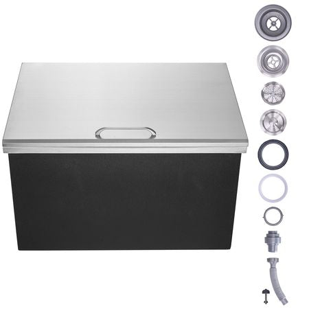 Drop in Ice Chest, 28"L x 20"W x 17"H Stainless Steel Ice Cooler, Commercial Ice Bin with Hinged Cover, 40 qt Outdoor Kitchen Ice Bar, Drain-pipe and Drain Plug Included, for Cold Wine Beer