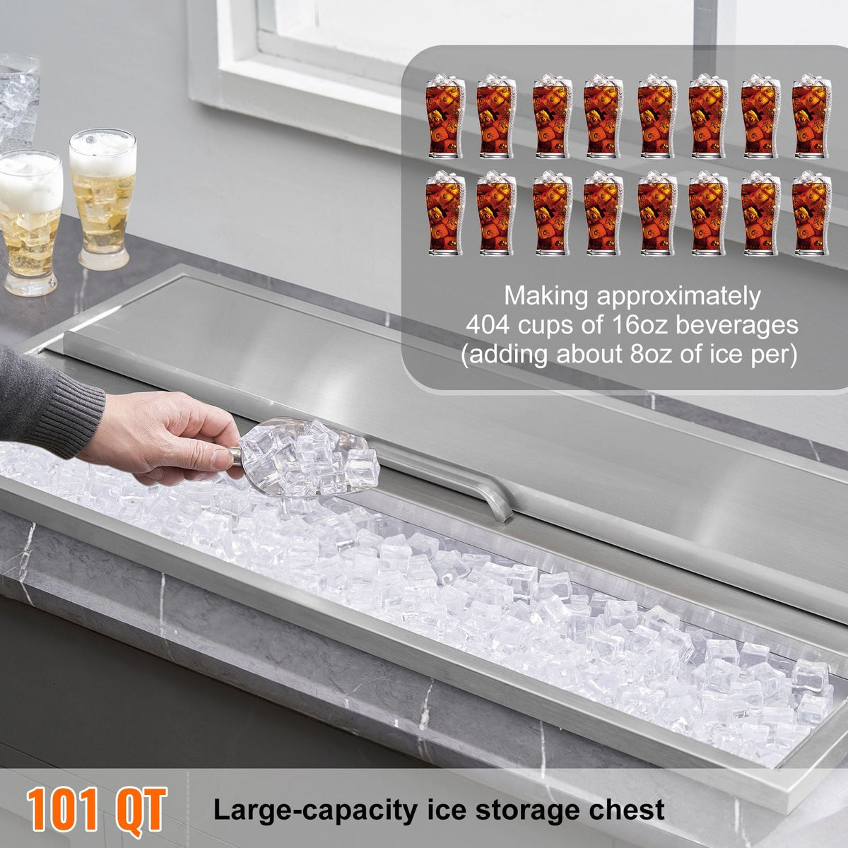 Drop in Ice Chest, 36"L x 18"W x 14"H Stainless Steel Ice Cooler, Commercial Ice Bin with Sliding Cover, 40.9 qt Outdoor Kitchen Ice Bar, Drain-pipe and Drain Plug Included, for Cold Wine Beer