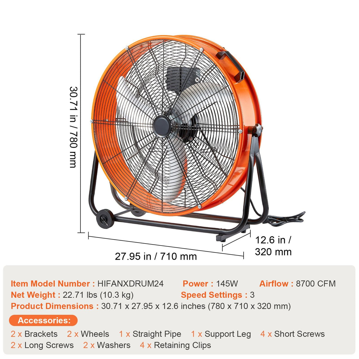 Drum Fan, 24 Inch High Velocity Industrial Shop Fan, Heavy Duty Commercial Use 3-Speed 8600CFM, 360°Adjustable Tilting,0-2h Timer Industrial Floor Fan for Warehouse,Workshop,Factory, Basement