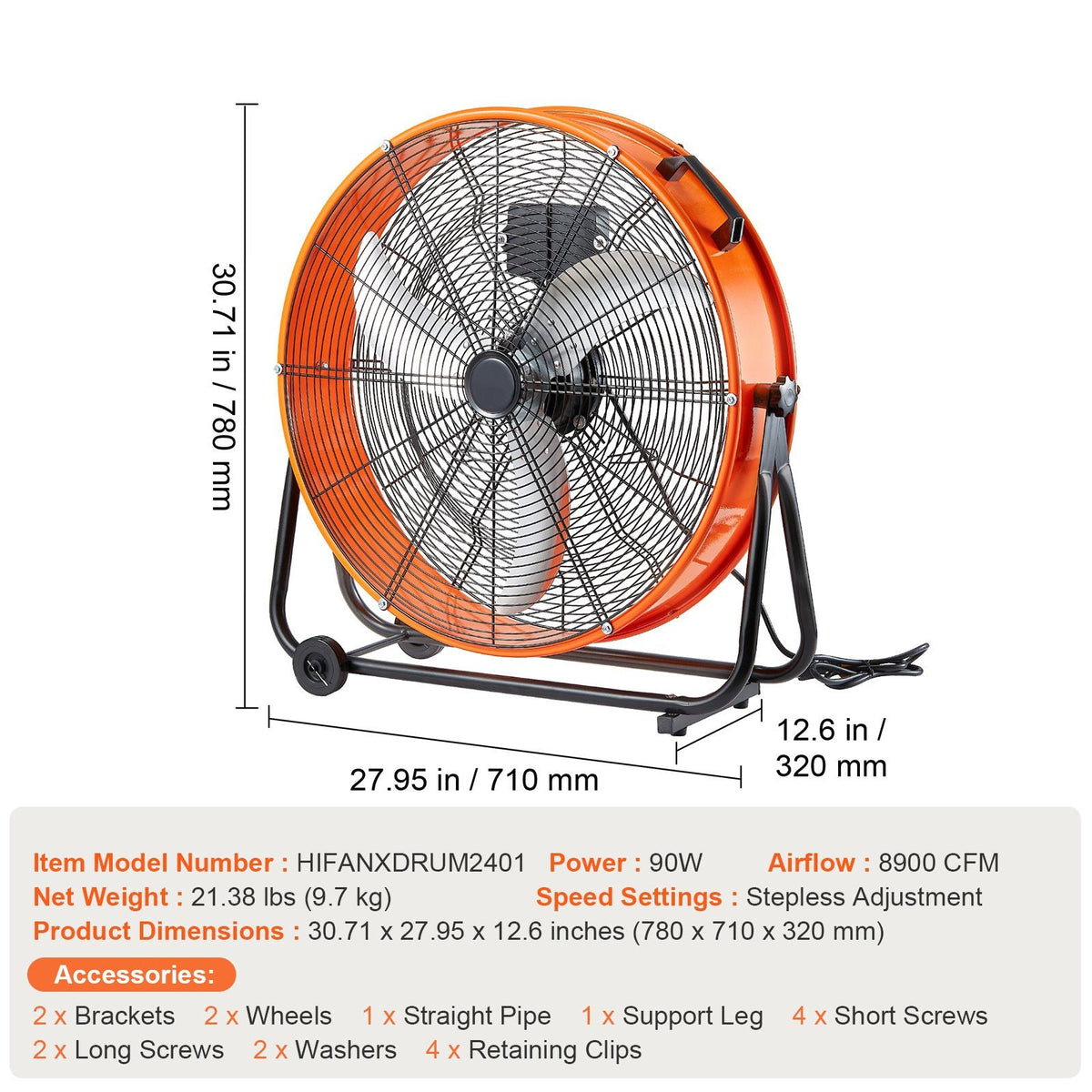 Drum Fan, 24 Inch High Velocity Industrial Shop Fan, Heavy Duty Commercial Use Infinitely Variable Speed 7935CFM,360°Adjustable Tilting Industrial Floor Fan for Warehouse,Workshop,Factory