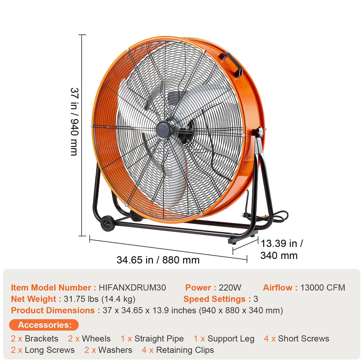 Drum Fan, 30 Inch High Velocity Industrial Shop Fan, Heavy Duty Commercial Use 3-Speed 13000CFM, 360°Adjustable Tilting Industrial Floor Fan for Warehouse,Workshop,Factory, Basement