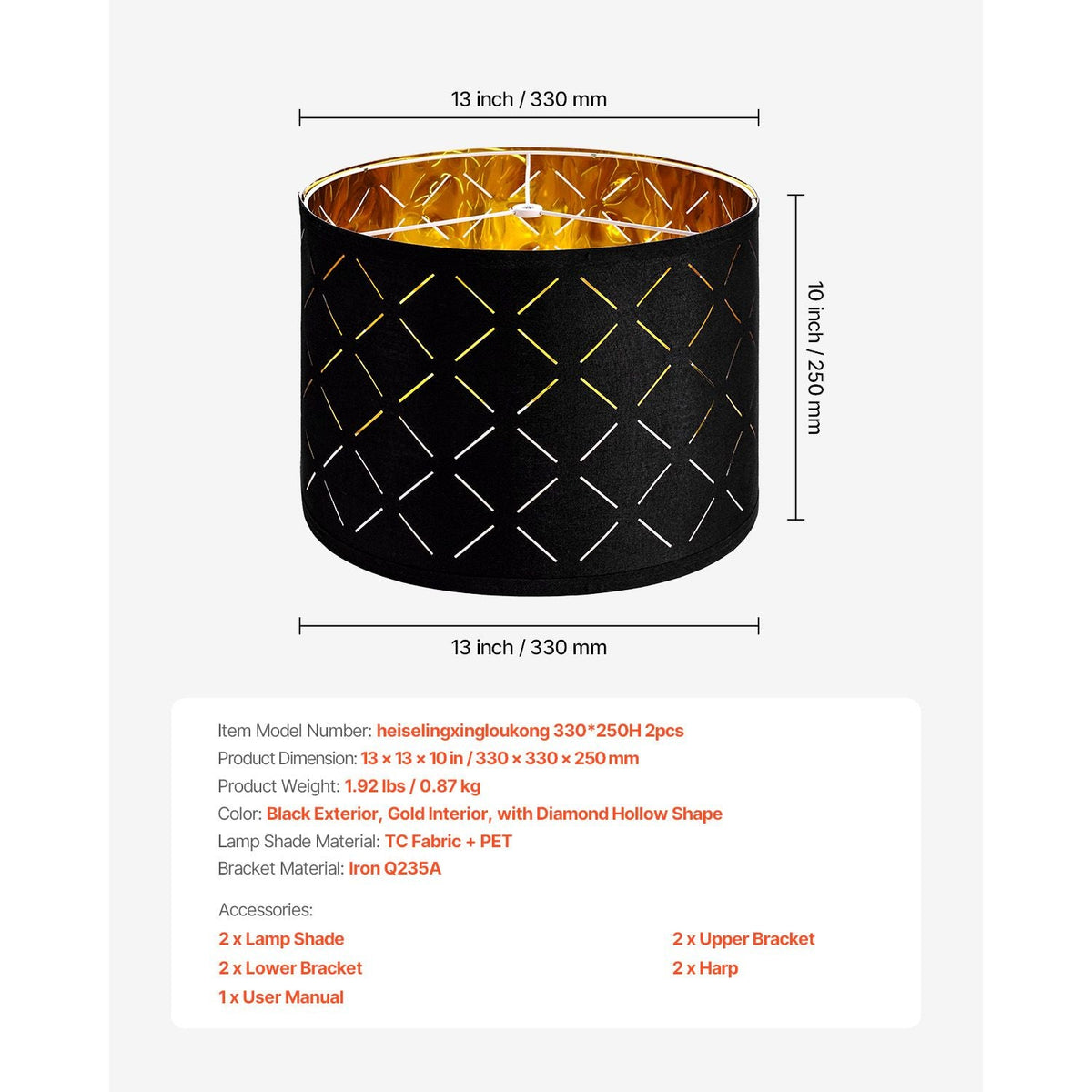 Drum Lamp Shade 2 Set, 13 in Top x 13 in Bottom x 10 in High, Medium Drum Lampshade with Harp, Replacement Lamp Shade for Table Lamps Floor Lamps Pendant Lights, Black Diamond Hollow Design