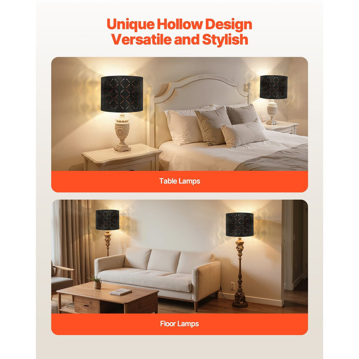 Drum Lamp Shade 2 Set, 13 in Top x 13 in Bottom x 10 in High, Medium Drum Lampshade with Harp, Replacement Lamp Shade for Table Lamps Floor Lamps Pendant Lights, Black Diamond Hollow Design