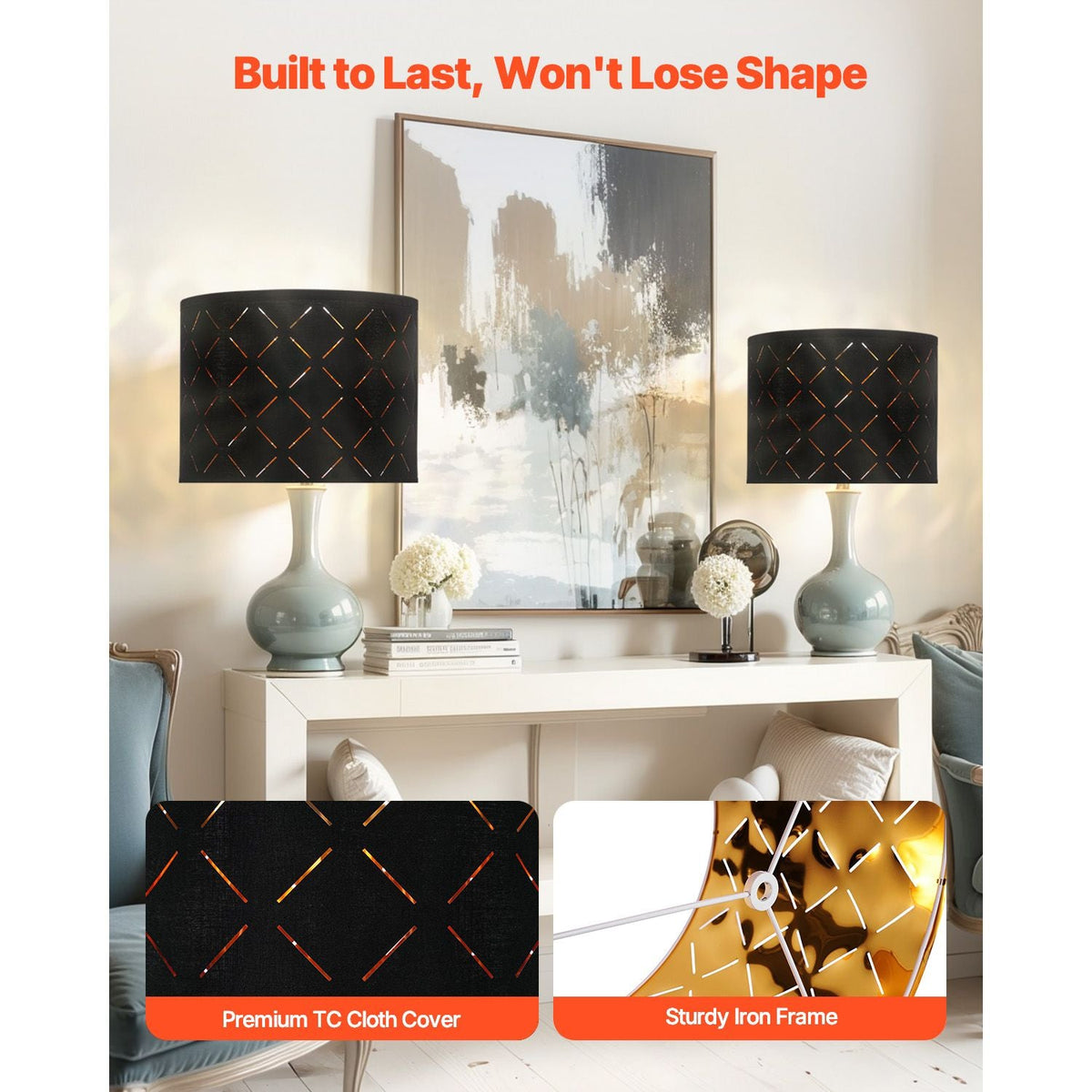 Drum Lamp Shade 2 Set, 13 in Top x 13 in Bottom x 10 in High, Medium Drum Lampshade with Harp, Replacement Lamp Shade for Table Lamps Floor Lamps Pendant Lights, Black Diamond Hollow Design